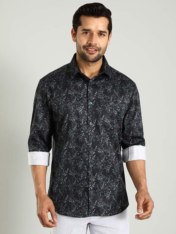 Indian Terrain Men's Regular Fit Full Sleeve Floral Print Navy Shirt